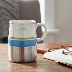 Starbucks 2005 Vintage Weighted Bottom Mug 14oz Blue Green Stripe Ceramic Metal